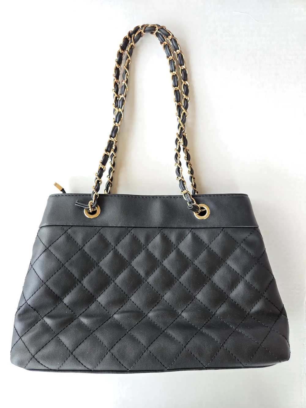 Vintage-Style Black Quilted Faux Leather Chain Shoulder Bag Tote